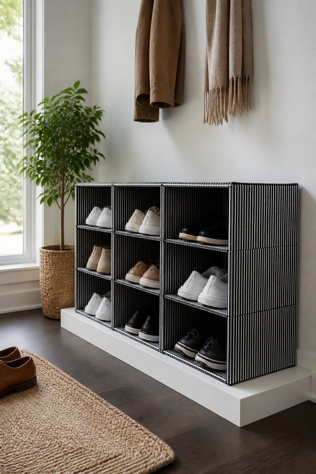 A photorealistic 16:9 shot of a modern entryway with a DIY stackable shoe cubby system: repurposed black-and-white pinstripe fabric-wrapped shoe boxes stacked neatly on a sturdy lid-based base, secured with subtle double-sided tape, in a calm neutrals color palette, soft natural light from a nearby window, clean white walls, a small indoor plant in the background, no text.