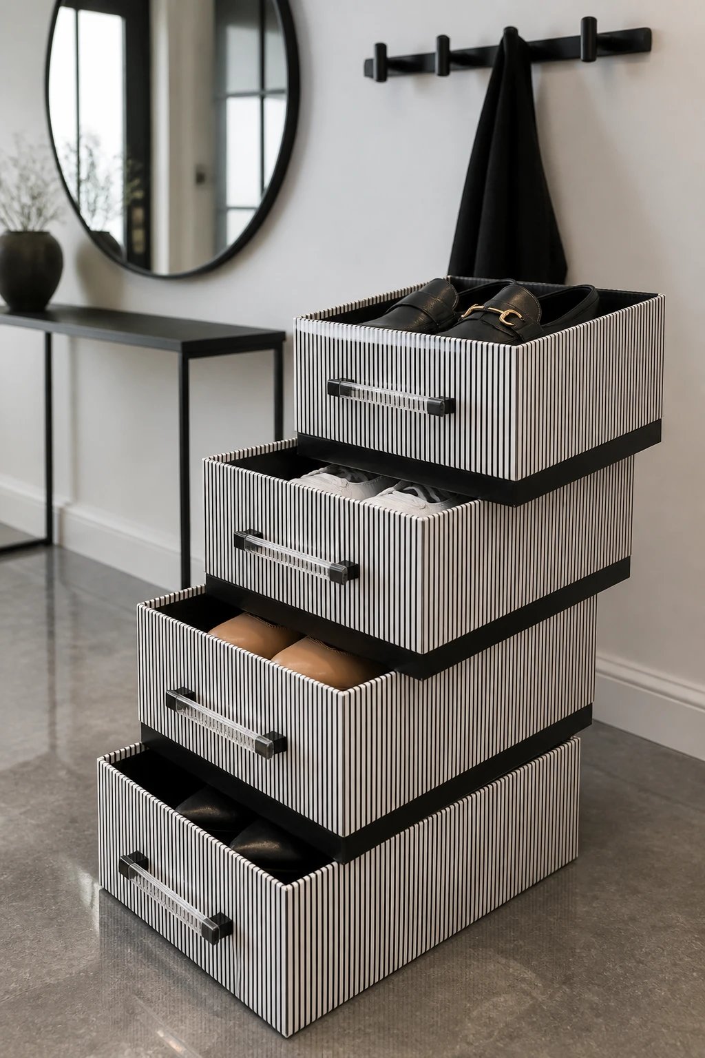 A chic, high-end look entryway with rewrapped boxes: high-contrast black-and-white pinstripe wrapping, staggered stack anchored to the lid, glossy acrylic drawer pulls, matte black hardware, tile or polished concrete floor, a round mirror and slim coat hooks in the background, all photo-realistic with no text.