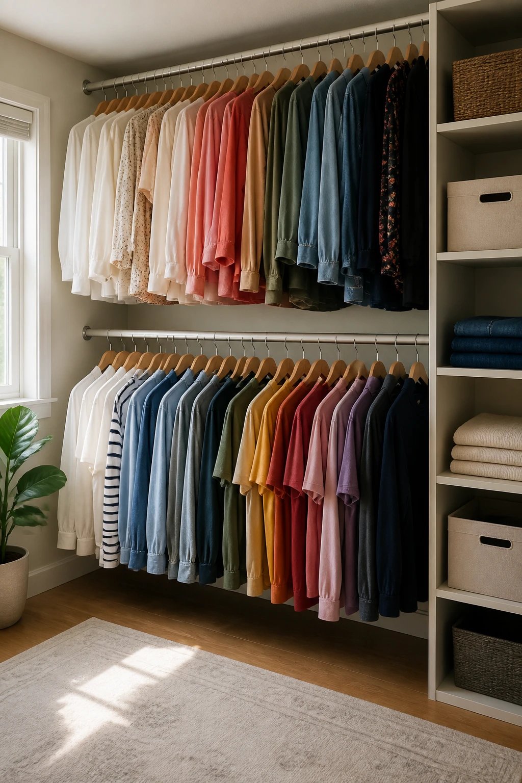 A sunlit home closet with two parallel rods: upper rod near the ceiling and a second rod lower, filled with neatly hung clothes in varied colors, plus a few storage bins on a floor-to-ceiling modular shelving unit, 16:9 photorealistic.