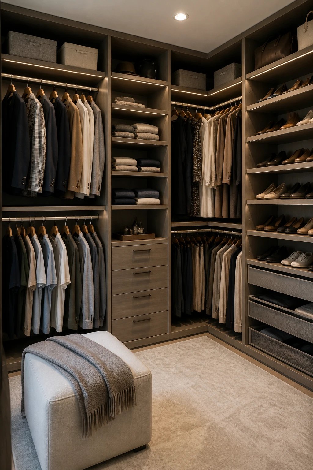 A modern modular closet system in a walk-in, featuring four horizontal rods, labeled bins, pull-out drawers, and adjustable shelves, with a tidy organization layout and soft ambient lighting, 16:9 photorealistic.