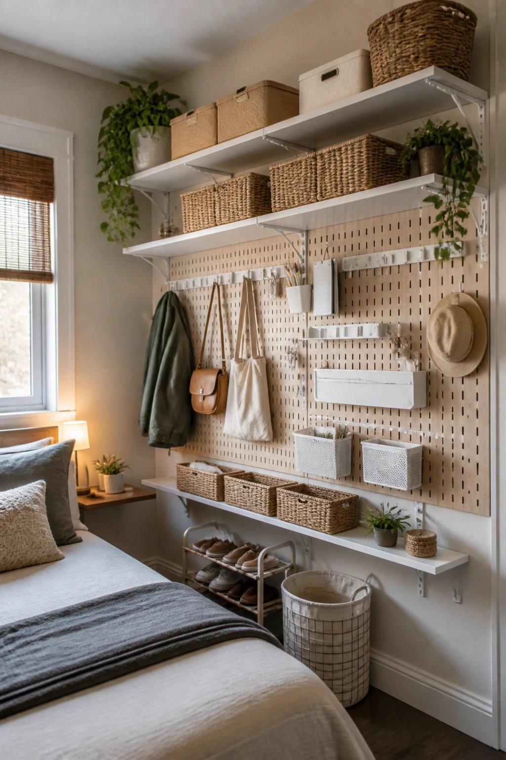 A compact bedroom corner converted into storage using wall-mounted shelving and pegboard organization, displaying baskets, hooks, and slim profile storage to maximize dead wall space, 16:9 photorealistic.