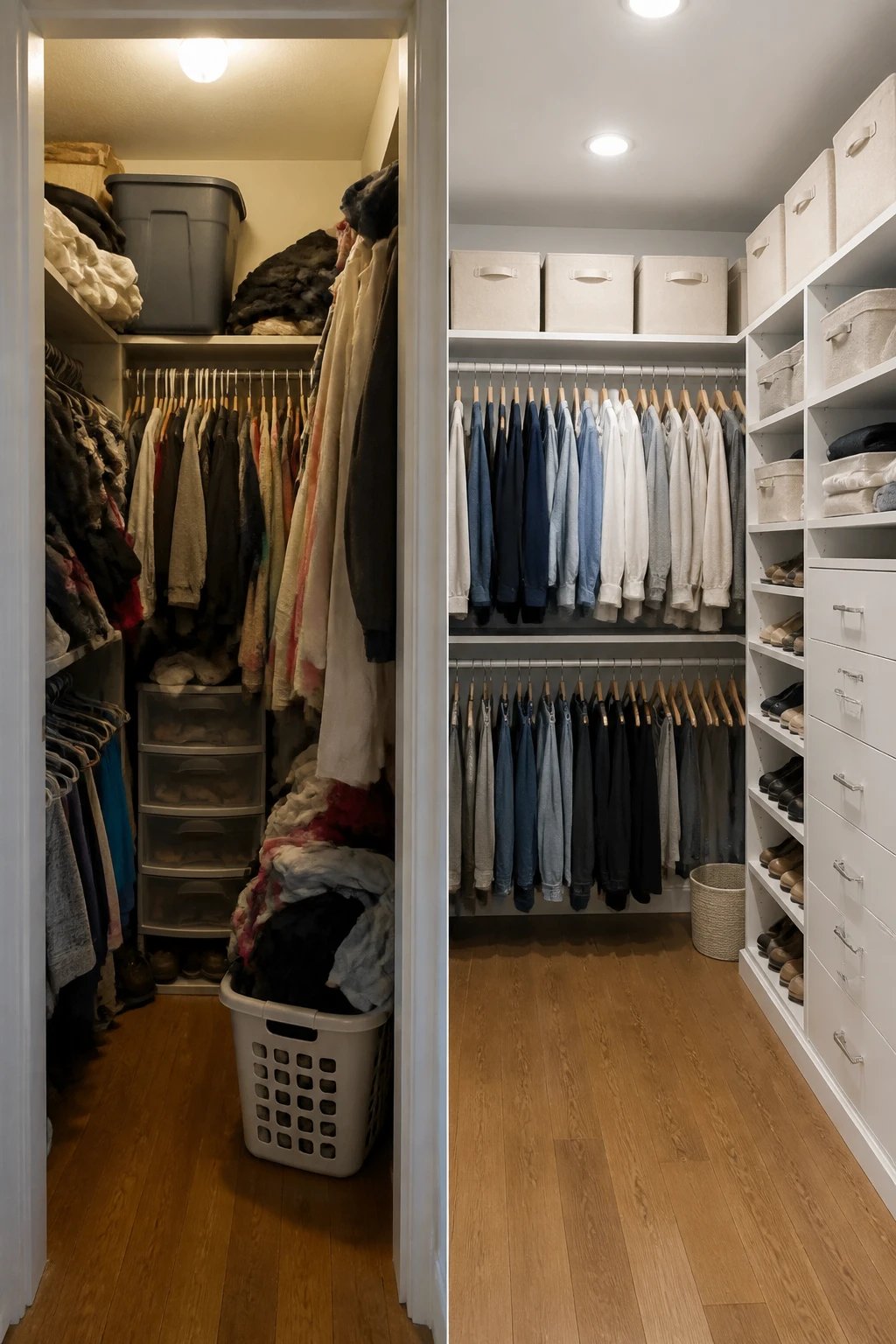 A before-and-after style shot: cramped closet transformed into a spacious, organized space with labelled storage bins, evenly spaced hangers, and a clean floor, 16:9 photorealistic.