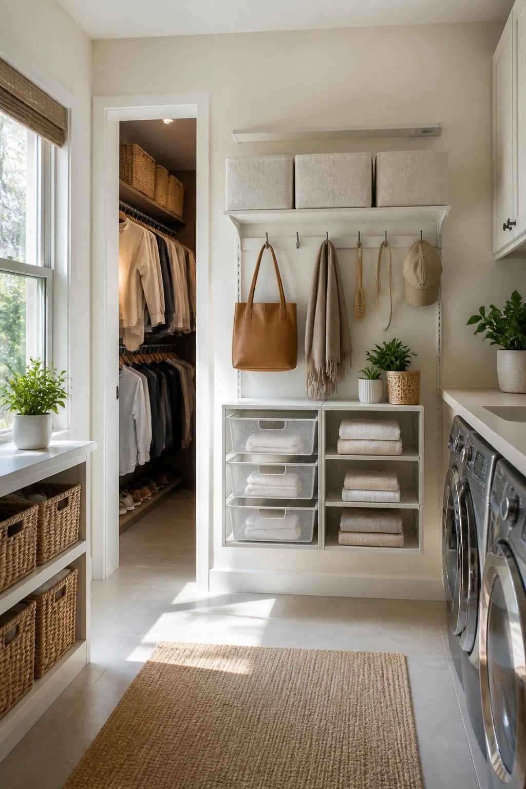 A bright laundry/utility area adjacent to a closet, showing a wall-mounted system with hooks for accessories, a small set of pull-out drawers, and labeled storage containers — emphasizing wall space as a storage ally, 16:9 photorealistic.