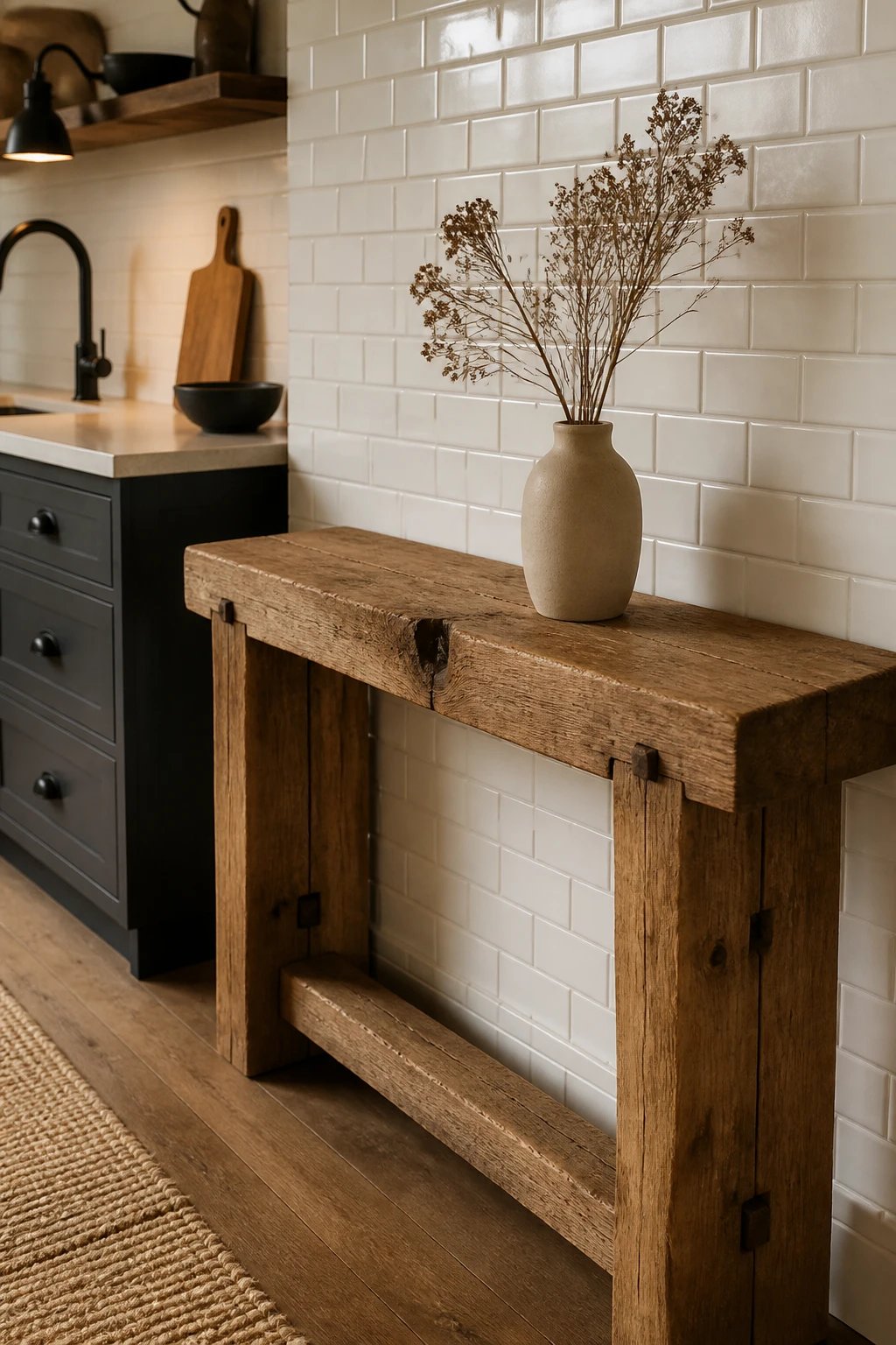 A 16:9 photorealistic kitchen corner featuring a rustic console table made from a rough-hewn timber with visible knots and natural imperfections, placed against a soft white subway tile backsplash, warm ambient lighting, a few matte black hardware accents, and a minimal ceramic vase with dried stems on the table; wood grain texture emphasized, no text.