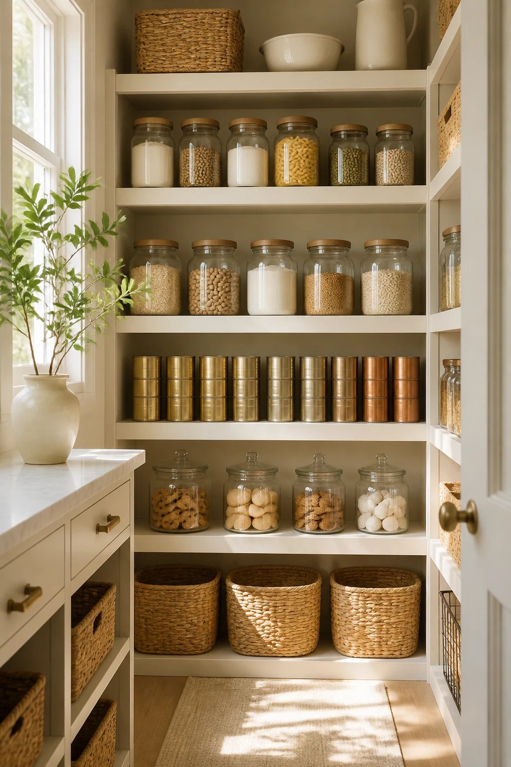 A sunlit kitchen island scene showcasing a DIY high-end look: a repurposed wooden beam converted into a long console piece with a weathered finish, integrated open shelving beneath, subtle salt-air wear marks, a lower shelf with woven baskets for storage, and soft natural light casting gentle shadows on the grain.