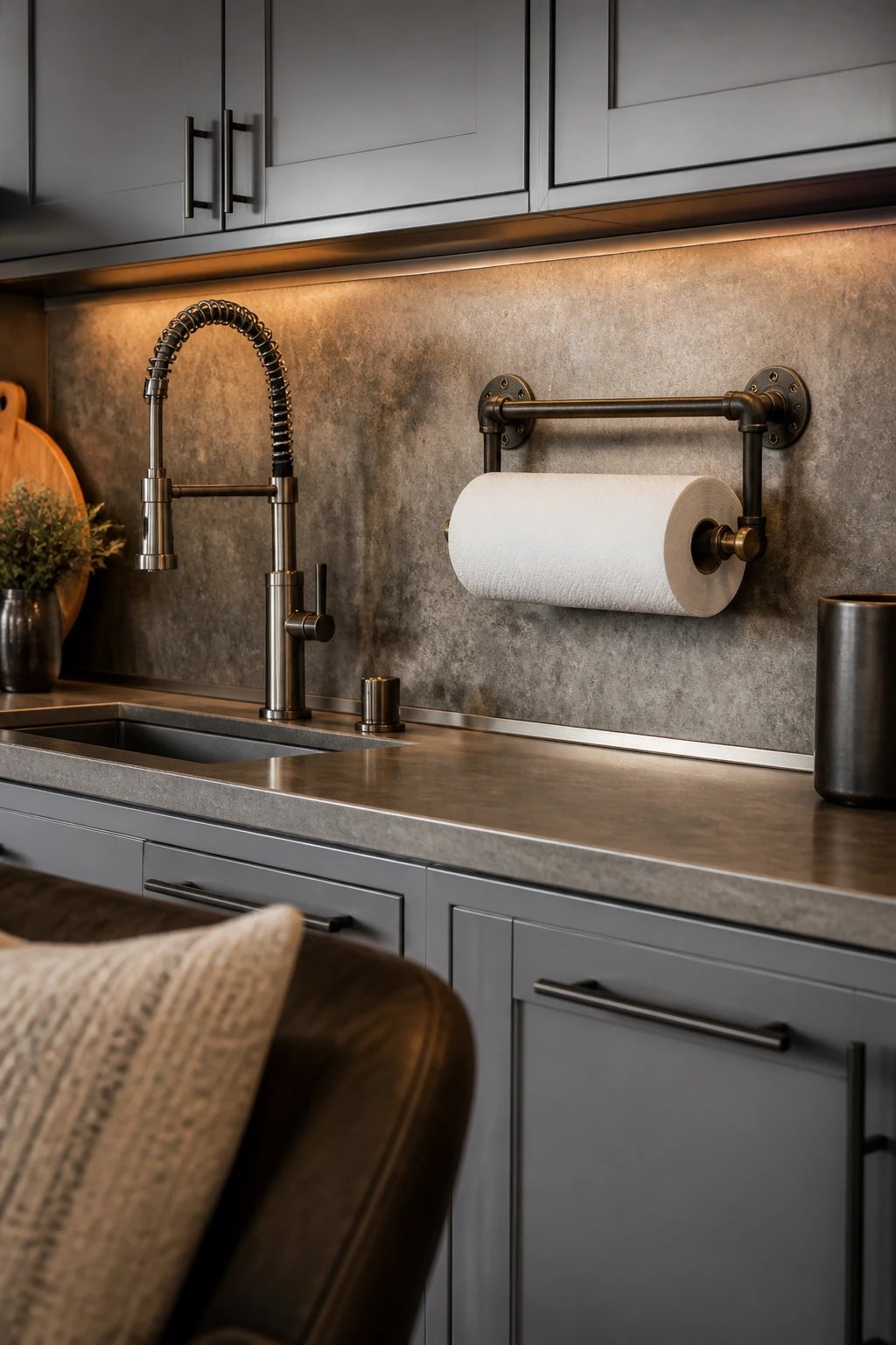 A 16:9 wide kitchen view focusing on texture: close-up of the edge of a DIY rustic console with a chiseled, uneven surface, distressed finish, and clear coat to highlight depth; surrounding cabinetry in pale gray, warm lighting reflecting off brushed metal trim, and soft fabric textures from a nearby chair cushion in the foreground.