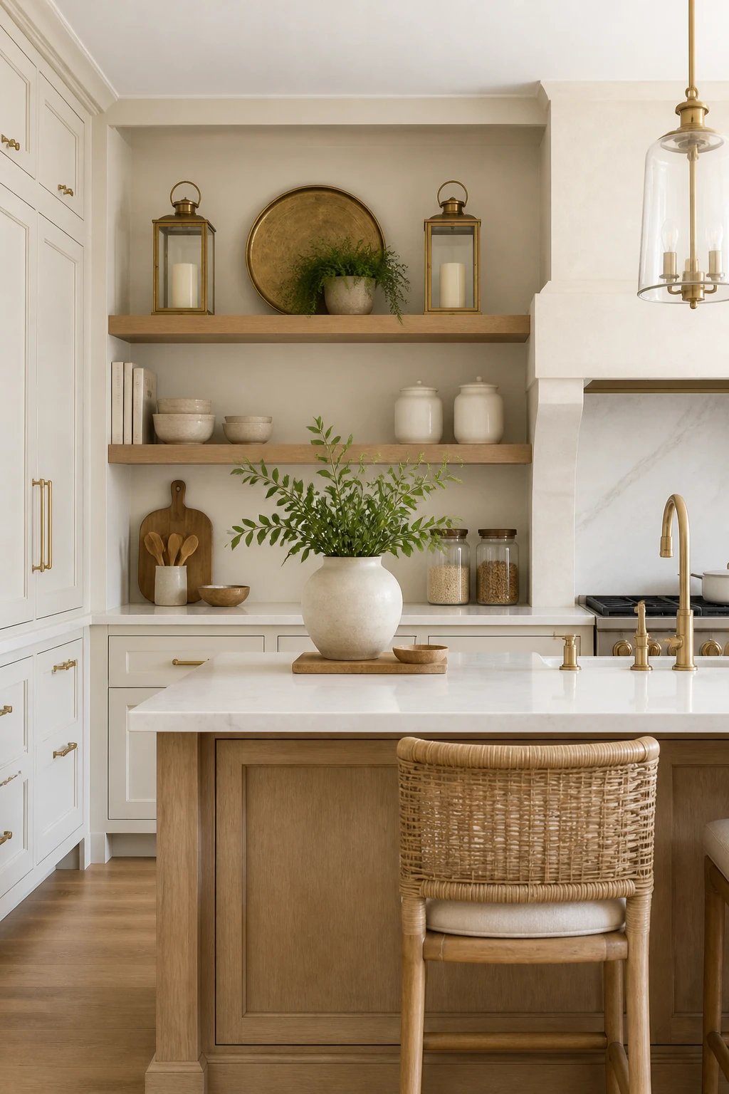 An airy kitchen scene with a budget-friendly rustic console repurposed from a sturdy timber post, styled to look luxe: top surface with a single ornamental tray, a low-use plant, and a pair of symmetrical lantern-style accents; background features open shelving with carefully arranged everyday items that read cohesive and high-end, 16:9 framing, no visible branding or text.