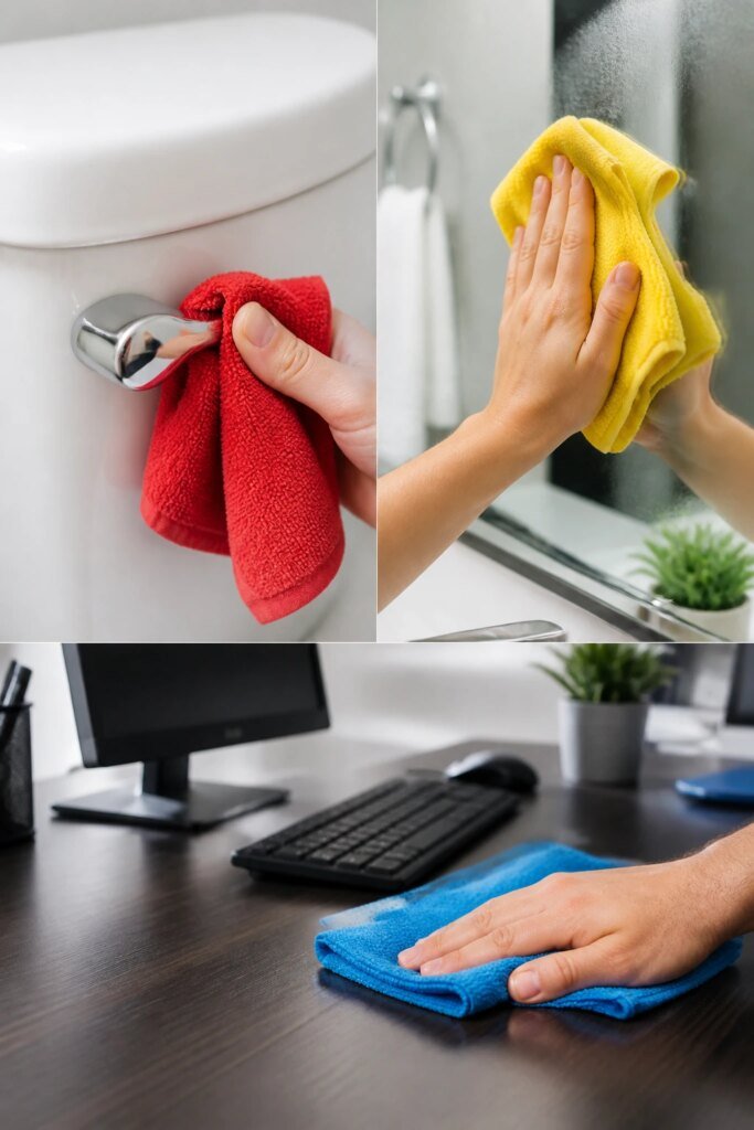 A 16:9 photorealistic close-up of color-coded cleaning cloths in action: red cloth on a toilet handle being wiped with a microfiber texture, yellow cloth on a sink mirror, and blue cloth on a desk area, all photographed with shallow depth of field to emphasize texture, sheen of cleaning products, and pristine gleam of surfaces.