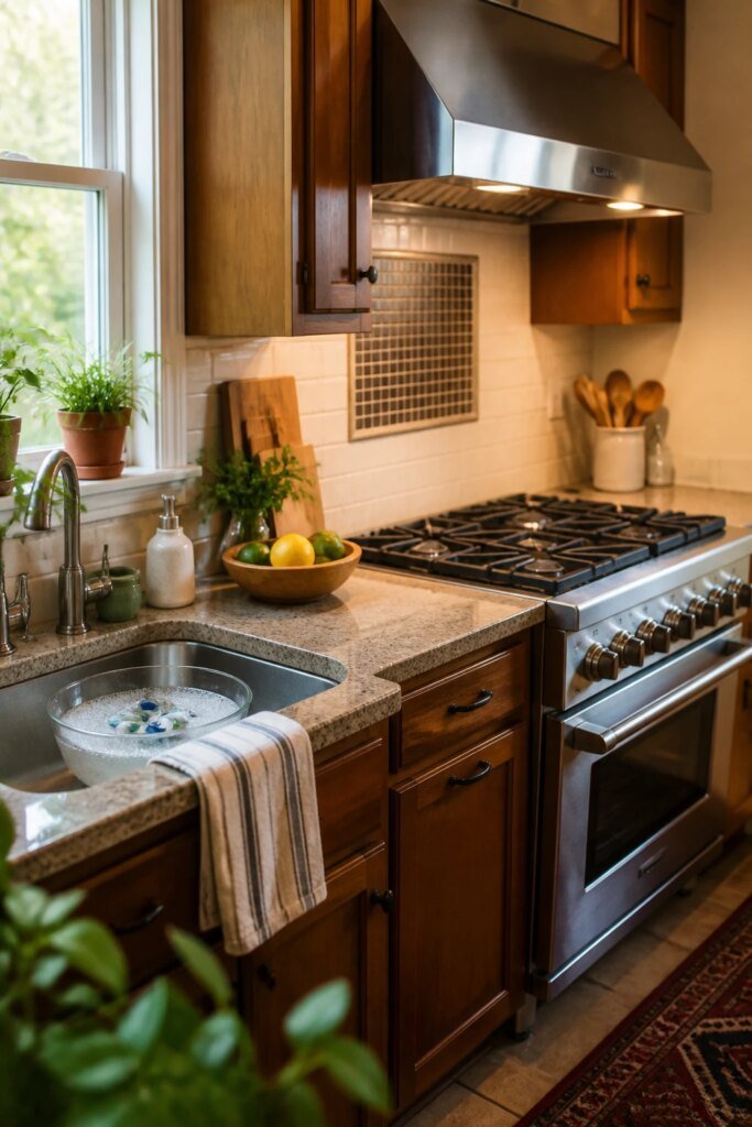 A cozy, well-used kitchen with a gleaming stainless range hood after a deep clean, warm natural light from a window, a sink with soaking dishwasher tabs nearby, and a spotless stove with no drips, 16:9, photorealistic
