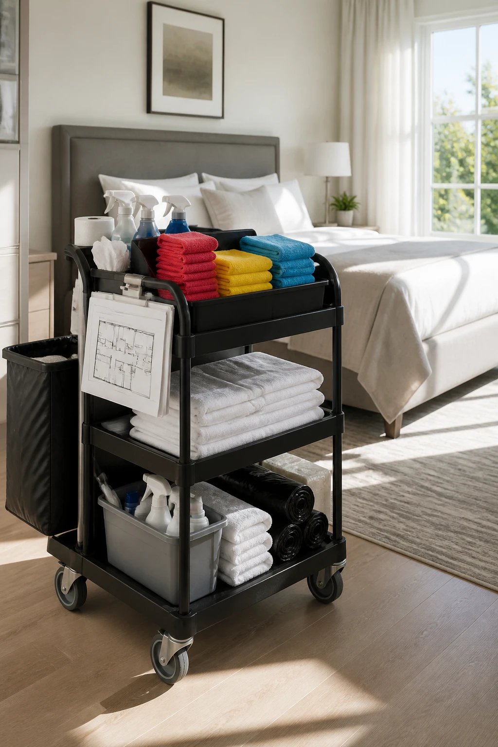 A 16:9 photorealistic scene of a hotel-style cleaning cart neatly organized in a bright, sunlit hotel hallway. The cart is loaded with color-coded cloths (red, yellow, blue), cleaning sprays, trash bags, and fresh linens, with a subtle map of the room checklist taped to the cart. No people, crisp shadows, and a clean, modern aesthetic.
