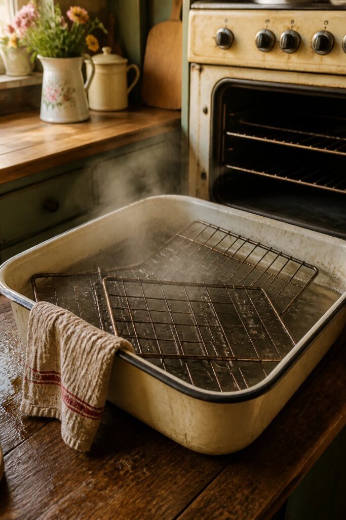 A grandma-inspired scene of a vintage oven with racks soaking in a basin of warm water, gentle steam, worn wooden countertops, and a clear sense of practical, hands-on cleaning in a real home, 16:9, photorealistic