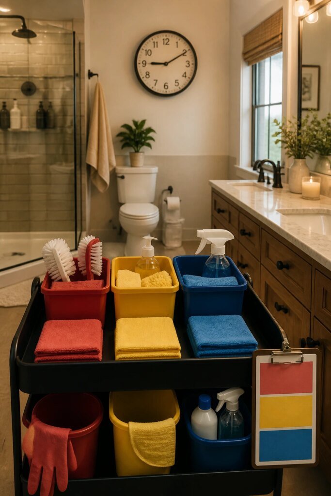 A 16:9 photorealistic interior shot showing a hygge home cleaning workflow in a bathroom: a neatly laid out kit on a home cleaning cart, labeled zones for “never touch twice” (red for the toilet area, yellow for sinks/mirrors, blue for surfaces), a clock showing a timed sequence, and a color-coded color clipboard on the cart . Warm lighting, spotless surfaces, and a sense of methodical precision.