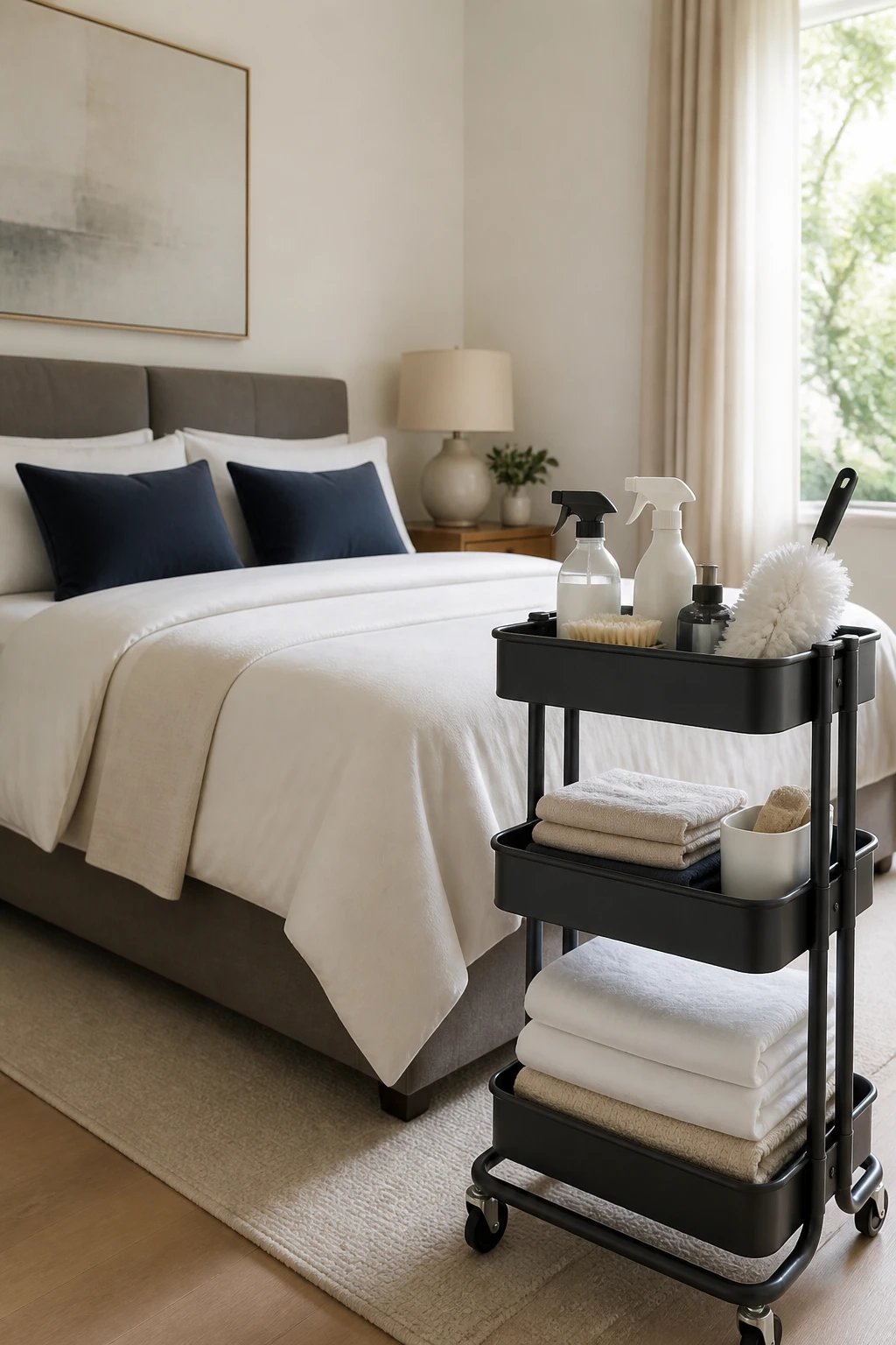 A 16:9 photorealistic representation of a “prep and plan” moment: a tidy cleaning kit laid out on a rolling cart beside a folded set of fresh linens, a laminated checklist, a smartphone timer, and a labeled color-coded cloth stand, with soft hotel-style lighting and a blurred background of a spotless hotel room bed.