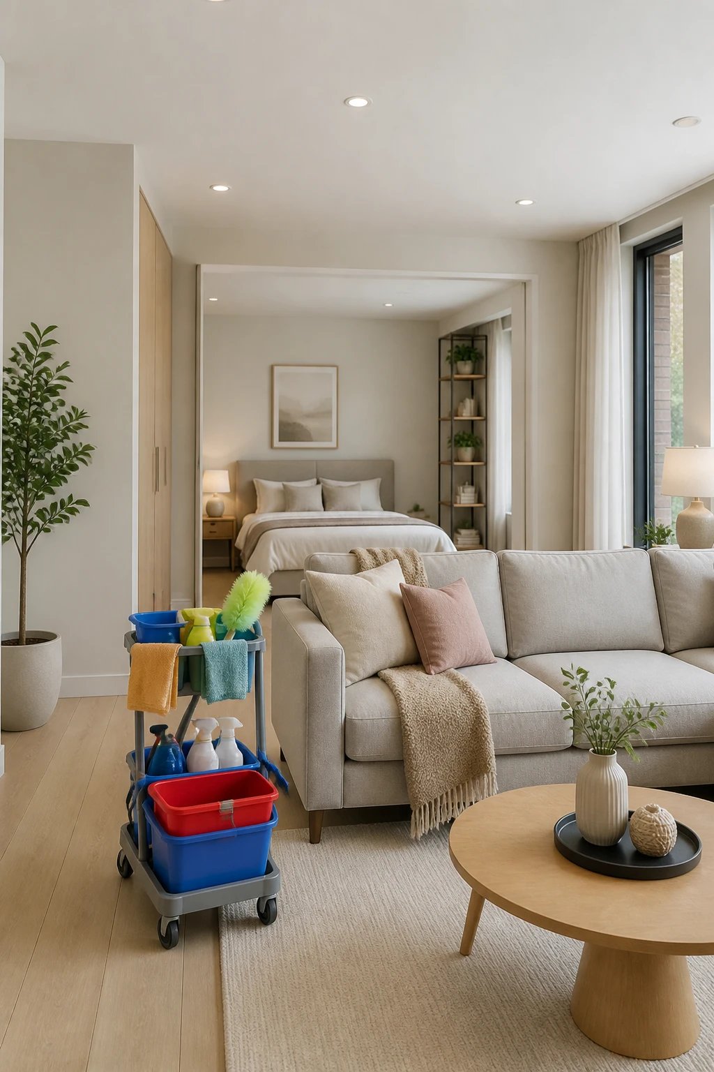A 16:9 photorealistic wide shot of a housekeeper’s process in a home setting: a clean, minimalist bedroom and attached bathroom in one frame, the cart visible at the foot of the bed, color-coded zones clearly indicated by labeled cloths and zone markers, and a subtle emphasis on efficiency and reduced steps as reflected in the uncluttered, purposeful layout. No text visible in the image.