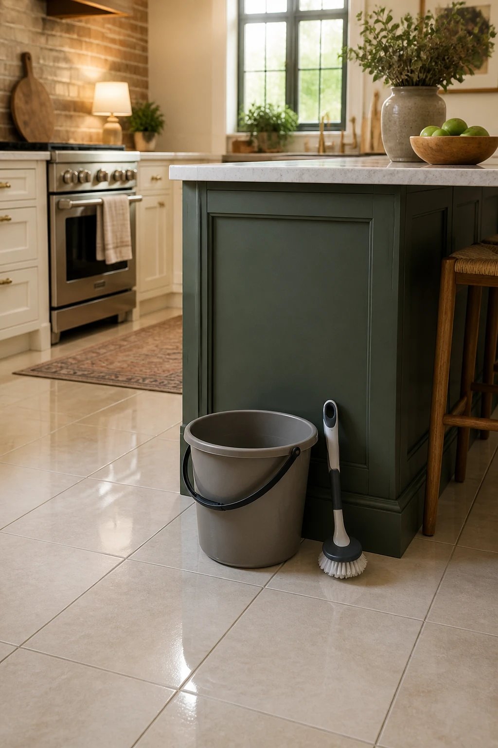 A warm, lived-in kitchen scene showing a nearby sink with a dishwashing tab and a drying rack, stacked clean oven racks resting ready-to-reuse after a self-clean cycle, authentic household clutter minimal, 16:9, photorealistic