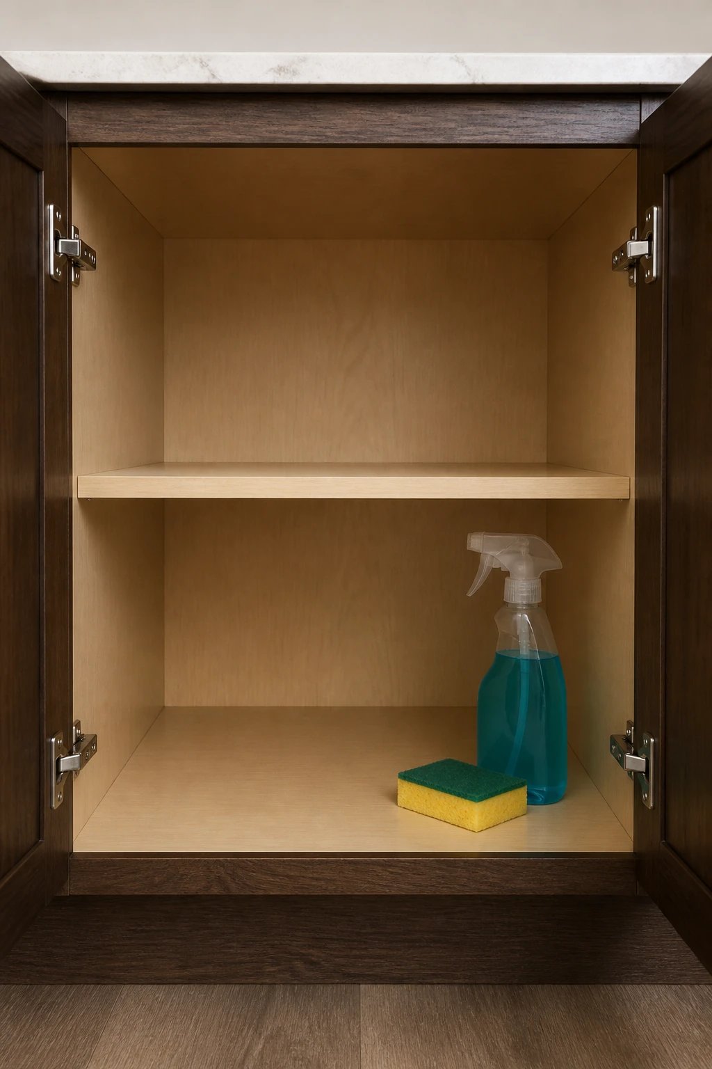The interior of a kitchen cabinet showing the tight gap between floor and cupboards being wiped clean, soft ambient lighting, a damp cloth mid-action, small jars of cleaning supplies in the background, 16:9, photorealistic