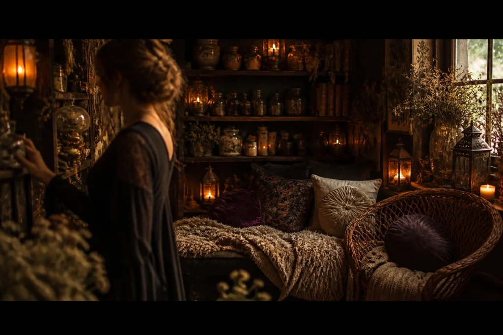 11 Whimsigoth Decor Ideas: capturing the essence of the Practical Magic look, it really comes down to cozy nostalgia, vintage elements, thrifted oddities, rustic homeyness, and a free-spirited sense of self.