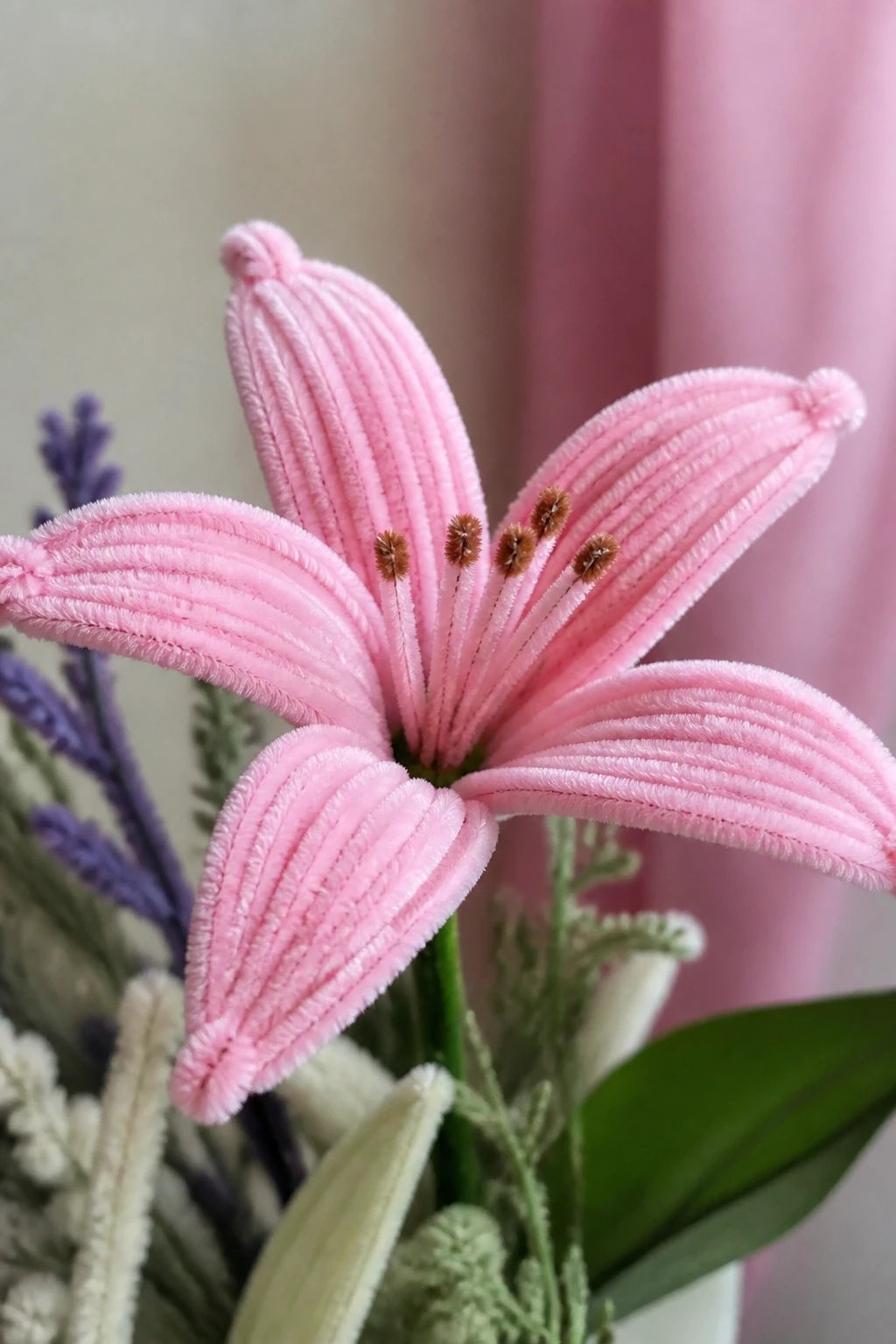 A photorealistic 16:9 close-up of a DIY bouquet featuring an open lily made from 15 pink pipe cleaners, with three full-length wires folded in half to create six halves, arranged to show the curve of the petal and the twisted tip, against a soft pastel background and natural lighting.