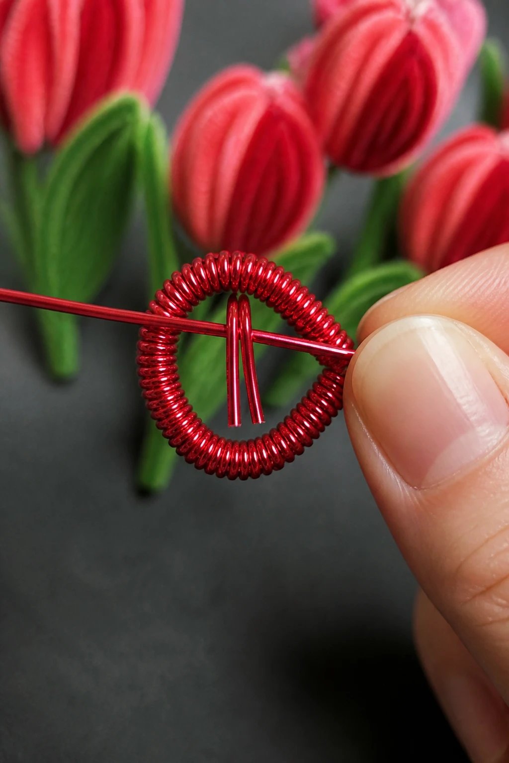 A photorealistic 16:9 macro scene of a tulip pipe cleaner flower in progress: vibrant red/pink wires twisted into a teardrop petal shape, a full-length wire threaded through the curve, and the inside-dangling halves aligned, with clear emphasis on folds, twists, and metallic sheen.