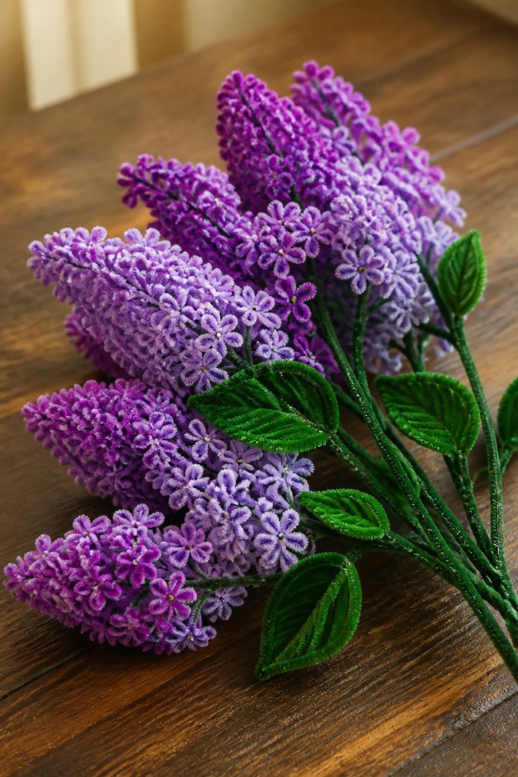 A photorealistic 16:9 composition showing a branch of lilacs created from many small-diameter pipe cleaners: clusters of tiny blossoms with multiple twists, green wire stems, and leaves, arranged in a natural bouquet resting on a wooden table with warm ambient light.