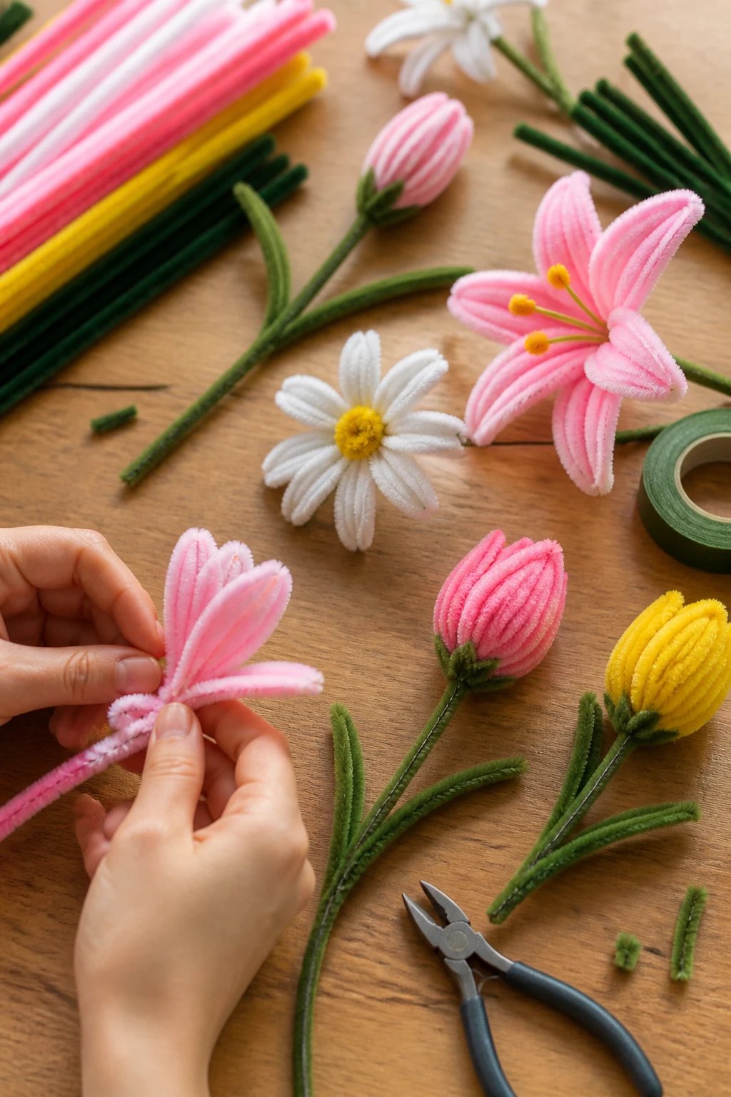 A photorealistic 16:9 flat lay of a beginner-friendly pipe cleaner flower kit in use: several partially completed blooms (lilies, daisies, tulips) at different stages, tools and extra pipe cleaners visible, soft diffused lighting, and a shallow depth of field to highlight texture and technique.